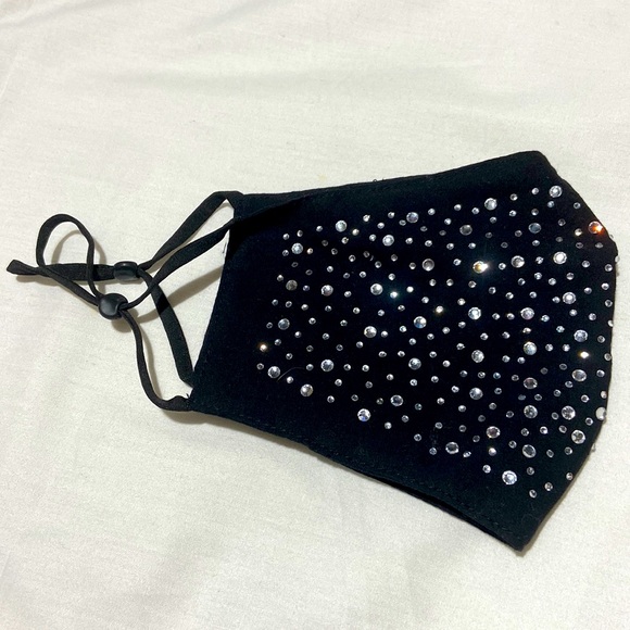 Face Mask. NEW. Black with Clear Sparkly Stones. Adjustable Ear Straps. - Picture 5 of 10